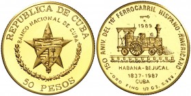 1989. Cuba. 50 pesos. (Fr. 30) (Kr. 314). 15,55 g. AU. 150º Aniversario del 1er ferrocarril Hispano-Americano: Habana-Bejucal. Acuñación de 150 ejempl...