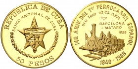 1989. Cuba. 50 pesos. (Fr. 32) (Kr. 315). 15,49 g. AU. 140º Aniversario del 1er ferrocarril español: Barcelona-Mataró. Rara. Proof.