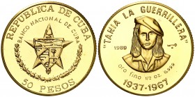 1989. Cuba. 50 pesos. (Fr. 34) (Kr. 330). 15,47 g. AU. Tania, La Guerrillera. Acuñación de 150 ejemplares. Rara. Proof.