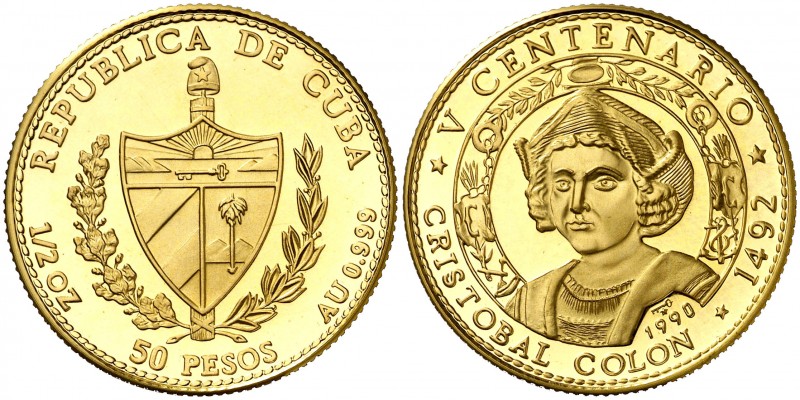 1990. Cuba. 50 pesos. (Fr. 46) (Kr. 298). 15,51 g. AU. V Centenario. Cristóbal C...