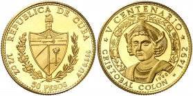 1990. Cuba. 50 pesos. (Fr. 46) (Kr. 298). 15,51 g. AU. V Centenario. Cristóbal Colón. Acuñación de 250 ejemplares. Rara. Proof.