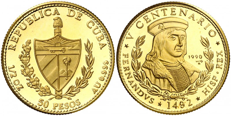 1990. Cuba. 50 pesos. (Fr. 48) (Kr. 299). 15,50 g. AU. V Centenario. Fernando el...