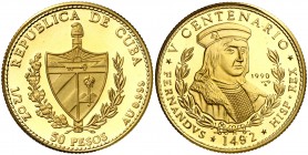 1990. Cuba. 50 pesos. (Fr. 48) (Kr. 299). 15,50 g. AU. V Centenario. Fernando el Católico. Rara. Proof.