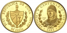 1990. Cuba. 50 pesos. (Fr. 50) (Kr. 300). 15,54 g. AU. V Centenario. Isabel la Católica. Acuñación de 250 ejemplares. Rara. Proof.