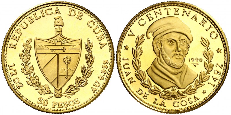 1990. Cuba. 50 pesos. (Fr. 52) (Kr. 301). 15,53 g. AU. V Centenario. Juan de La ...