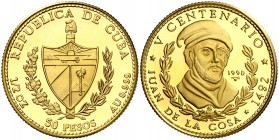 1990. Cuba. 50 pesos. (Fr. 52) (Kr. 301). 15,53 g. AU. V Centenario. Juan de La Cosa. Acuñación de 250 ejemplares. Rara. Proof.