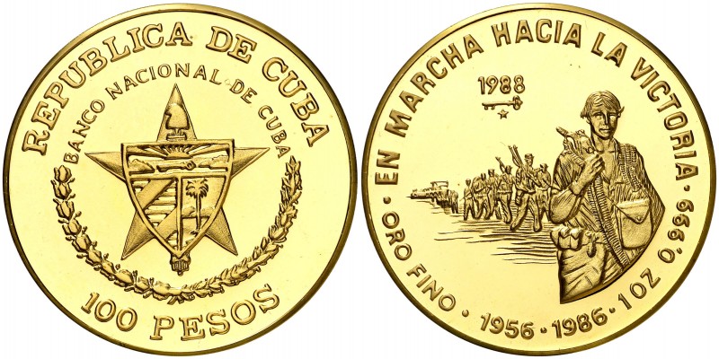 1988. Cuba. 100 pesos. (Fr. 14) (Kr. 202). 31 g. AU. 30º Aniversario de la march...