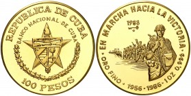 1988. Cuba. 100 pesos. (Fr. 14) (Kr. 202). 31 g. AU. 30º Aniversario de la marcha hacia la victoria. Acuñación de 100 ejemplares. Rara. Proof.