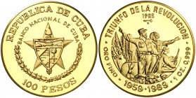 1988. Cuba. 100 pesos. (Fr. 41) (Kr. 204). 30,94 g. AU. 30º Aniversario del triunfo de la revolución. Acuñación de 100 ejemplares. Rara. Proof.