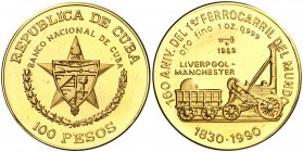1989. Cuba. 100 pesos. (Fr. 27) (Kr. 316). 31 g. AU. 160º Aniversario del 1er ferrocarril del mundo. Acuñación de 150 ejemplares. Rara. Proof.