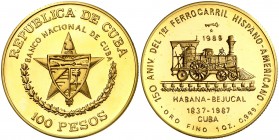 1989. Cuba. 100 pesos. (Fr. 29) (Kr. 317). 31,08 g. AU. 150º Aniversario del 1er ferrocarril Hispano-Americano: Habana-Bejucal. Acuñación de 150 ejemp...