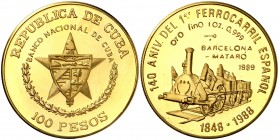 1989. Cuba. 100 pesos. (Fr. 31) (Kr. 318). 31,07 g. AU. 140º Aniversario del 1er ferrocarril español: Barcelona-Mataró. Acuñación de 150 ejemplares. R...