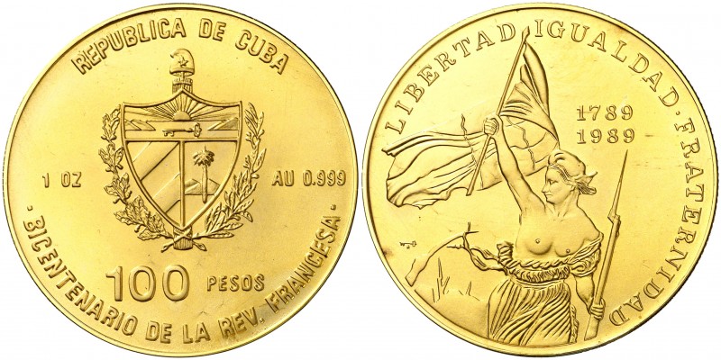 1989. Cuba. 100 pesos. (Fr. 25 var) (Kr. 319 var). 31,07 g. Bicentenario de la R...