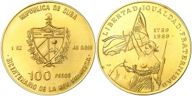 1989. Cuba. 100 pesos. (Fr. 25 var) (Kr. 319 var). 31,07 g. Bicentenario de la Revolución Francesa-Libertad. Los catálogos sólo mencionan esta pieza, ...