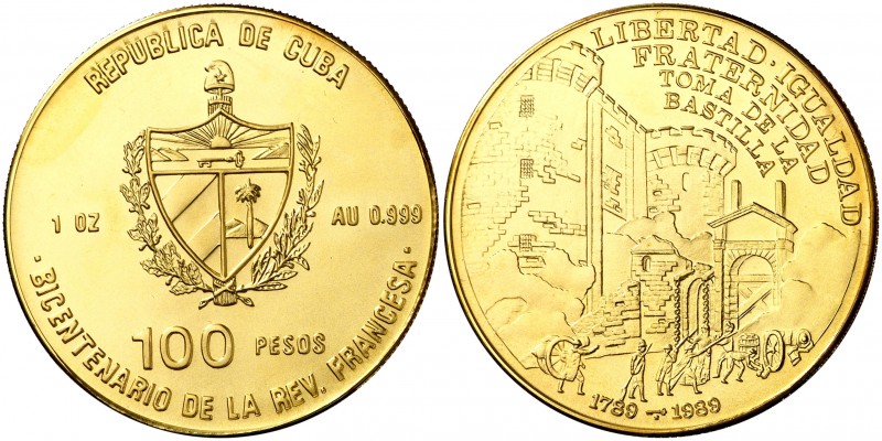 1989. Cuba. 100 pesos. (Fr. 26 var) (Kr. 320 var). 31 g. AU. Bicentenario de la ...