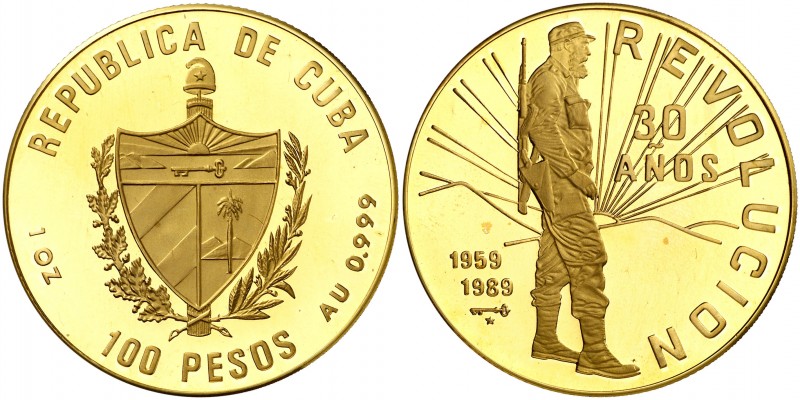 1889. Cuba. 100 pesos. (Fr. 39) (Kr. 447). (31,10 g). AU. 30º Aniversario de la ...
