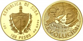 1989. Cuba. 100 pesos. (Fr. 40) (Kr. 448). (31,10 g). AU. 30º Aniversario de la revolución. Acuñación de 250 ejemplares. en estuche. Raro. Proof.