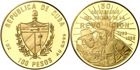 1989. Cuba. 100 pesos. (Fr. 41) (Kr. 449). (31,10 g). AU. 30º Aniversario de la Revolución. Acuñación de 250 ejemplares. En estuche. Rara. Proof.