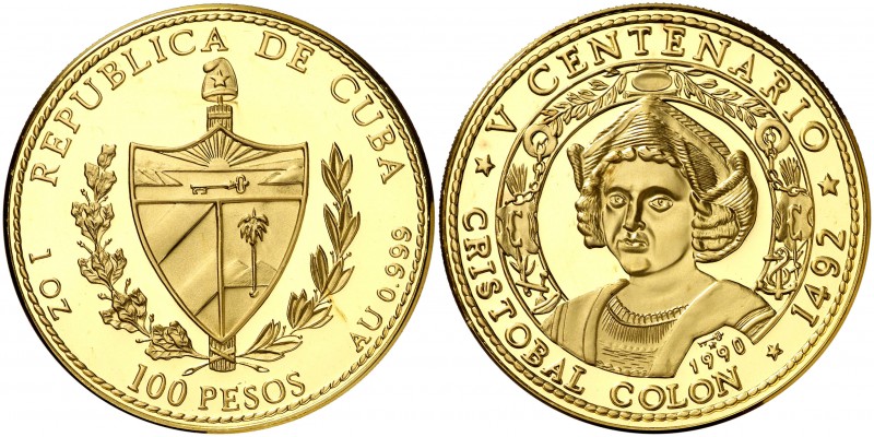 1990. Cuba. 100 pesos. (Fr. 45) (Kr. 302). (31,10 g). AU. V Centenario-Cristóbal...