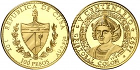 1990. Cuba. 100 pesos. (Fr. 45) (Kr. 302). (31,10 g). AU. V Centenario-Cristóbal Colón. Acuñación de 250 ejemplares. En estuche. Rara. Proof.