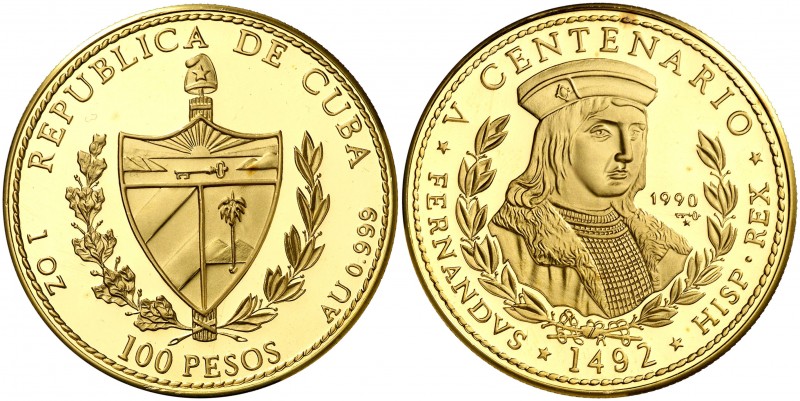 1990 Cuba. 100 pesos. (Fr. 47) (Kr. 303). 31,06 g. AU. V Centenario-Fernando el ...