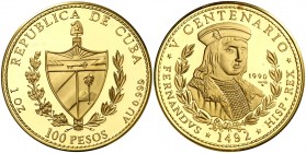 1990 Cuba. 100 pesos. (Fr. 47) (Kr. 303). 31,06 g. AU. V Centenario-Fernando el Católico. Acuñación de 250 ejemplares. En estuche. Rara. Proof.