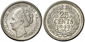 1943/1. Curaçao. Guillermina. Filadelfia. 25 céntimos. 3,61 g. AG. Bella. Muy escasa. S/C.