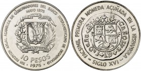 1975. República Dominicana. 10 pesos. (Kr. 37). 27,27 g. AG. XVI Asamblea de Gobernadores del Banco Interamericano de Desarrollo. S/C.
