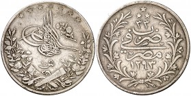 Año 33 (1908). Egipto. Abdul Hamid II. Misr. 10 qirsh. (Kr. 295). 13,63 g. AG. MBC-.