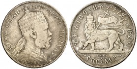 EE 1889 (1897). Etiopía. Menelik II. 1/2 birr. (Kr. 4). 14,03 g. AG. MBC-.