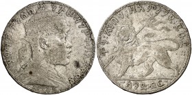 EE 1892 (1899-1900). Etiopía. Menelik II. 1 birr. (Kr. 19). 27,83 g. AG. MBC-.