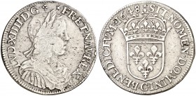 1648. Francia. Luis XIV. C (Saint Lô). 1/2 ecu. (Kr. 164.4) (Gadoury 169). 13,42 g. AG. MBC-/MBC.