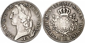 1770. Francia. Luis XV. D (Lyon). 1 ecu. (Kr. 512.6). 28,73 g. AG. MBC-.