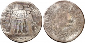 An 5 (1796-1797). Francia. I República. A (París). 5 francos. (Kr. 639.1). 24,35 g. AG. MBC-/BC.