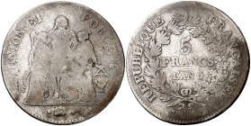 An 6 (1797-1798). Francia. I República. K (Burdeos). 5 francos. (Kr. 639.5). 24,22 g. AG. BC-/BC+.