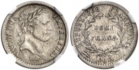 1808. Francia. Napoleón. K (Burdeos). 1/2 franco. (Kr. 680.7). AG. En cápsula de la NGC como XF Details, nº 4693353-026. Limpiada. (MBC+).