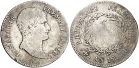 An 12 (1803-1804). Francia. Napoleón. A (París). 5 francos. (Kr. 660.1). 24,46 g. AG. MBC-/BC+.