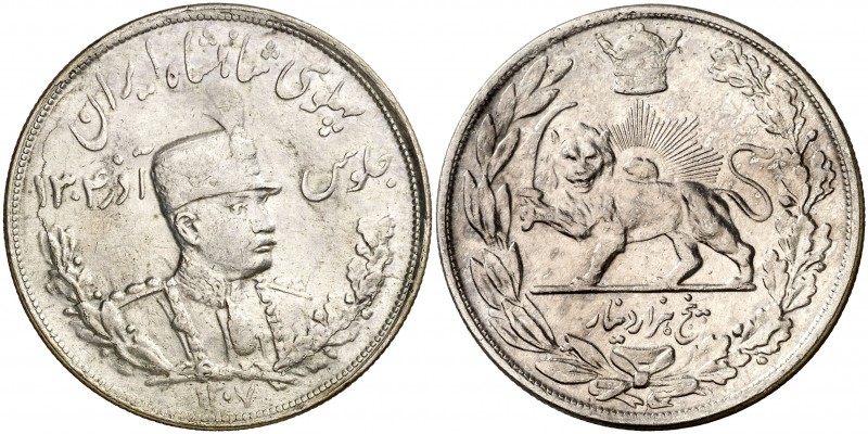 1928. Irán. Reza Shah. 5000 dinars. (Kr. 1106). 22,59 g. AG. MBC+/EBC-.