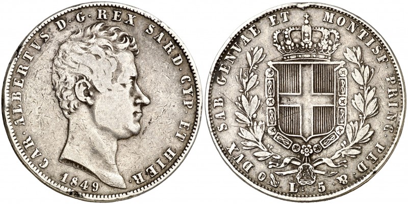 1849. Italia. Cerdeña. Carlos Alberto. Génova. 5 liras. (Kr. 130.2). 24,68 g. AG...