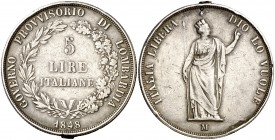 1848. Italia. Lombardía. Gobierno Provisional. Milán. 5 liras. (Kr. 22.1). 24,51 g. AG. Soldadura en canto. (MBC-).