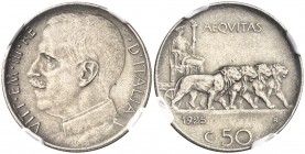 1925. Italia. Víctor Manuel III. R (Roma). 50 céntimos. (Kr. 61.2). NI. En cápsula de la NGC como AU58, nº 4706274-022. Canto estriado. Escasa. EBC-....