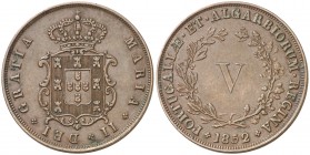 1852. Portugal. María II. 5 reis. (Kr. 480). 6,50 g. CU. EBC.