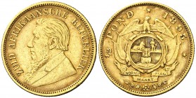 1895. Sudáfrica. 1/2 pond. (Fr. 3) (Kr. 9.2). 3,95 g. AU. Escasa. MBC+.