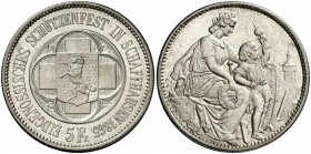 1865. Suiza. 5 francos. (Kr.UWC. S8). 24,98 g. AG. Festival de Tiro: Schaffhausen. Bella. Escasa. S/C-.