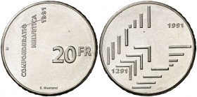 1991. Suiza. B (Berna). 20 francos. (Kr. 70). 20 g. AG. En el canto: 1291-1991xxCONFOEDERATIO HELVETICAxx. S/C.