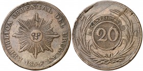 1854. Uruguay. 20 centésimos. (Kr. 2.3). 20,54 g. CU. MBC+.