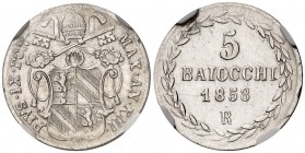 1858. Vaticano. Pío IX. R (Roma). 5 baiocchi. (Kr. 1341b). AG. En cápsula de la NGC como AU Details, nº 2091300-035. MBC+.