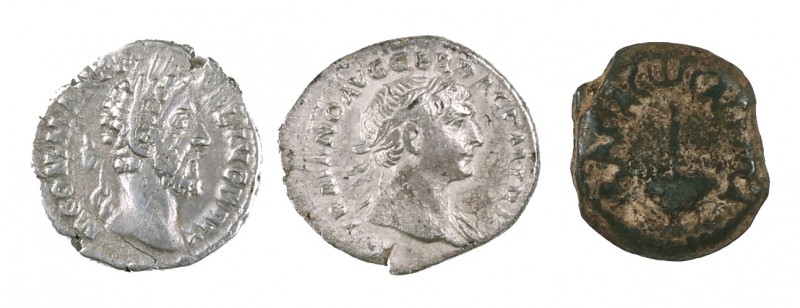Lote de 2 denarios (Trajano y Cómodo) y 1 pequeño bronce de Judea. Total 3 moned...