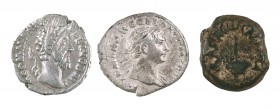 Lote de 2 denarios (Trajano y Cómodo) y 1 pequeño bronce de Judea. Total 3 monedas. A examinar. MBC-/MBC.