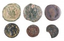 Lote de 3 bronces ibéricos, 2 hispanoromanos y 1 as romano. Total 6 monedas. A examinar. RC/BC+.